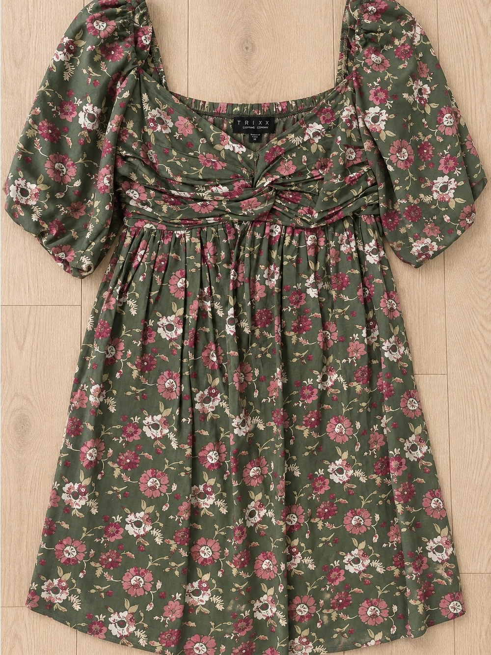 Trixxi Olive Green Floral Smocked Dress with Pink & Cream Flowers